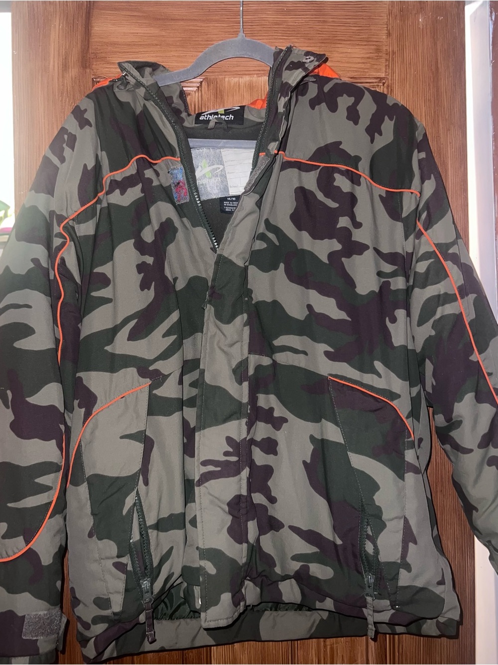 Camo Hooded Winter Jacket with Orange Trim
